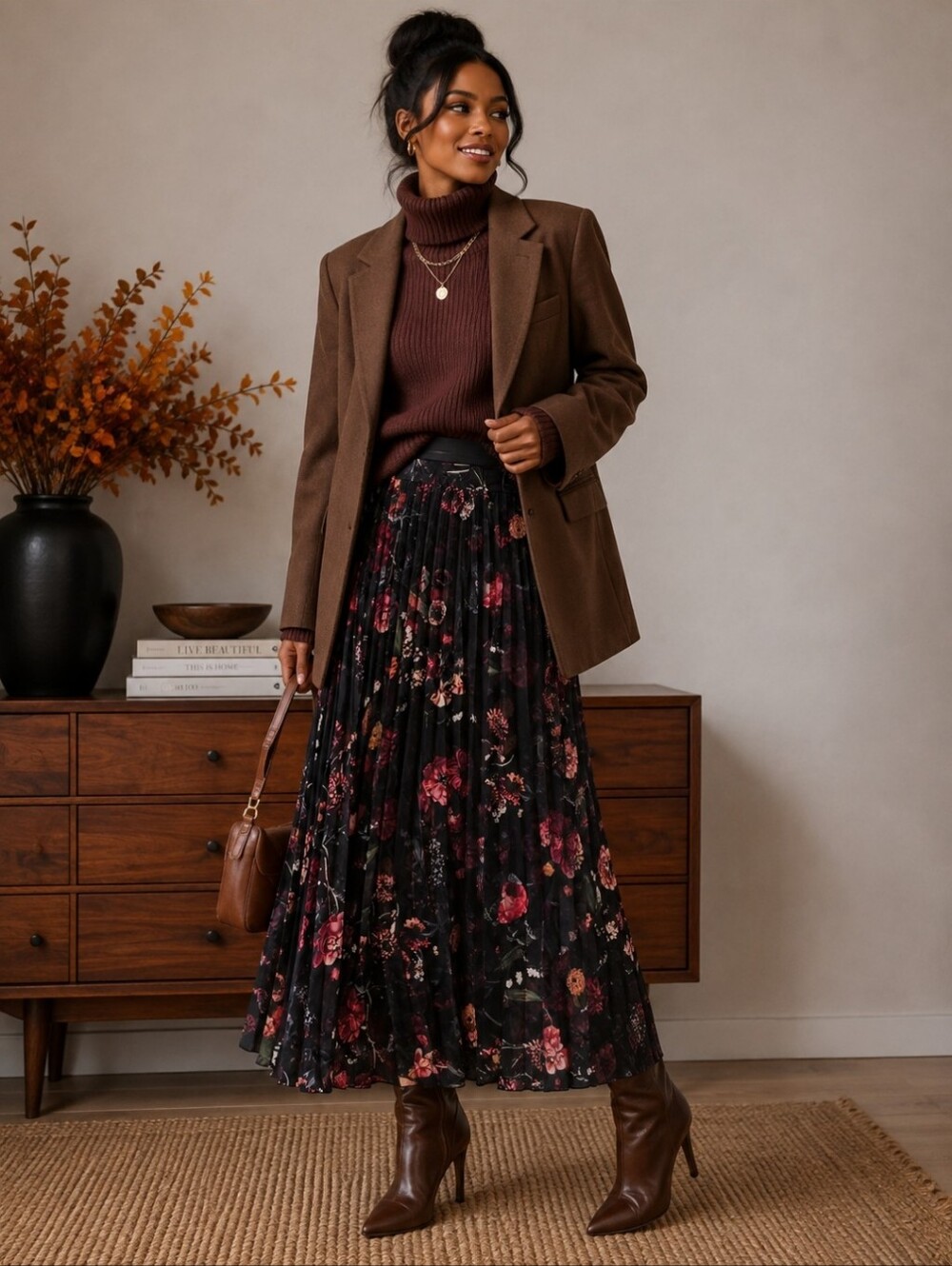 Area Stars Pleated Floral Maxi Skirt in Black with Rose Print